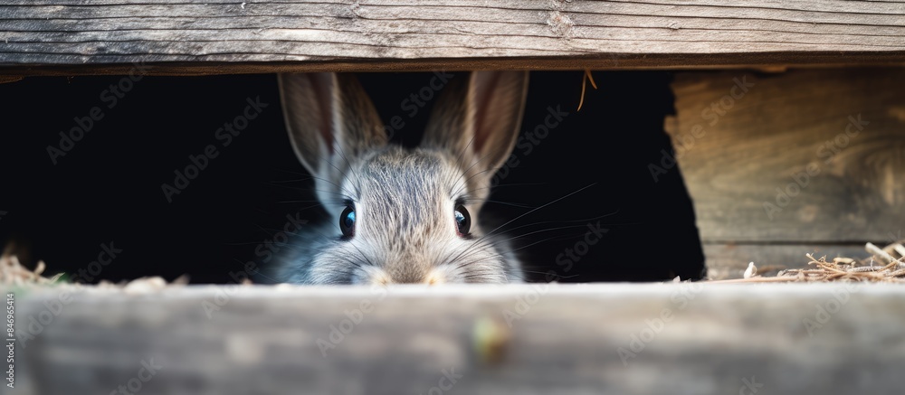 Poster small grey rabbit cautiously peeking out from its burrow nestled under a wooden shed. with copy spac