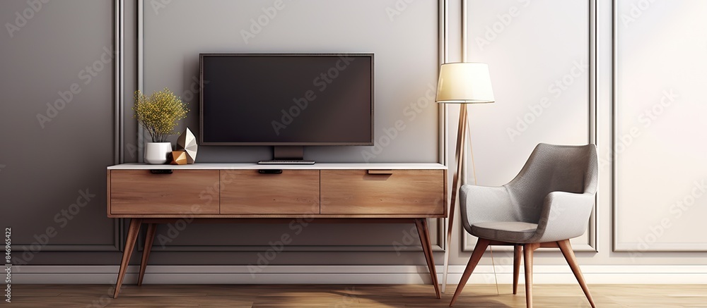 Poster wooden sideboard with small desk, chair, and stylish decorations next to tv in a room with wooden fl