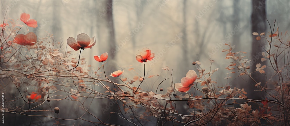 Fototapete vibrant red blooms stand out among the greenery in a forest setting during late autumn. with copy sp