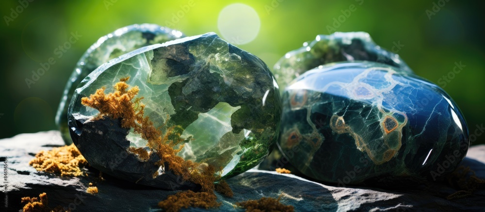 Aufkleber two rocks, one green and one black, adorned with moss growth, showcasing the beauty of the natural e