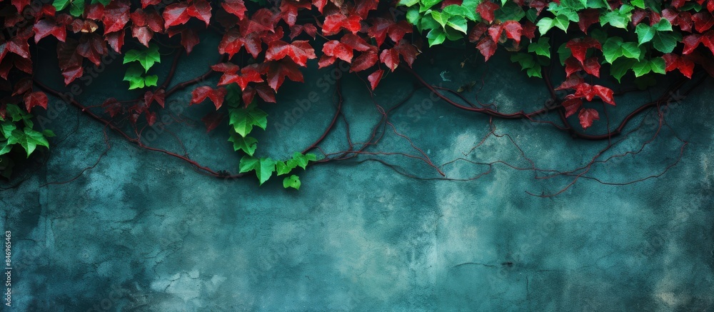 Aufkleber Wall adorned with lush green and vibrant red leaves creating a natural and colorful display. with copy space image. Place for adding text or design
