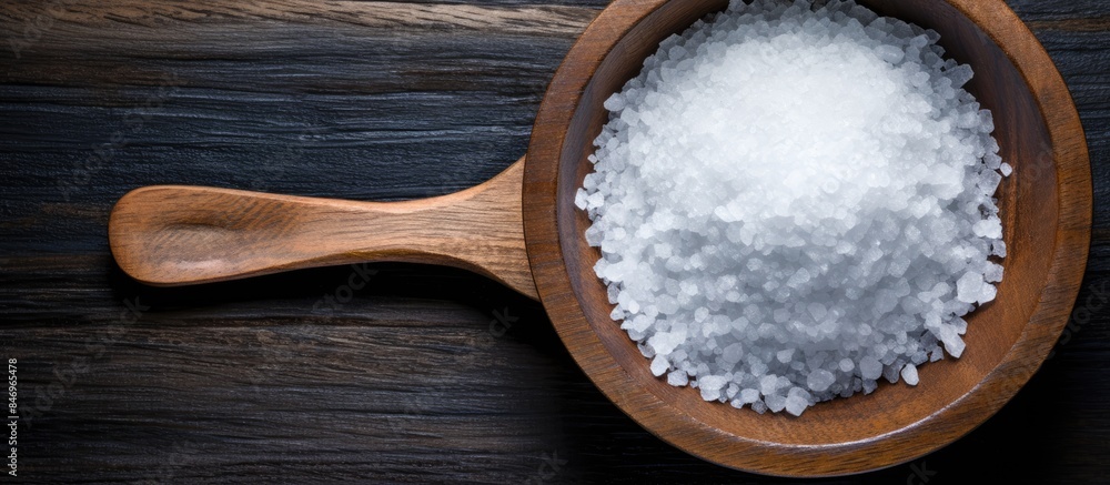 Aufkleber a wooden table with a wooden spoon containing white salt on top. with copy space image. place for ad