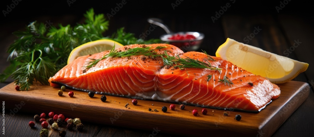 Poster fresh salmon slices with lemon and spices arranged on a wooden cutting board. with copy space image.
