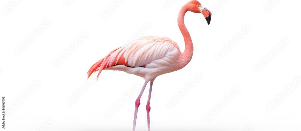 Poster elegantly posed model flamingo against a simple white backdrop, exuding grace and charm. with copy s