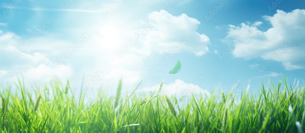 Aufkleber butterfly gracefully flutters above lush green grass field under the sunny sky. with copy space imag