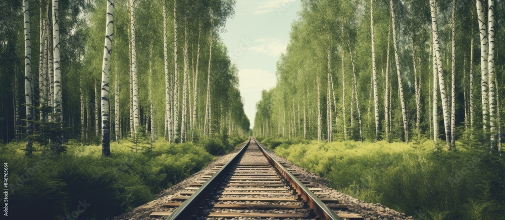 Poster Railroad tracks running through a lush forest with vintage feel. with copy space image. Place for adding text or design
