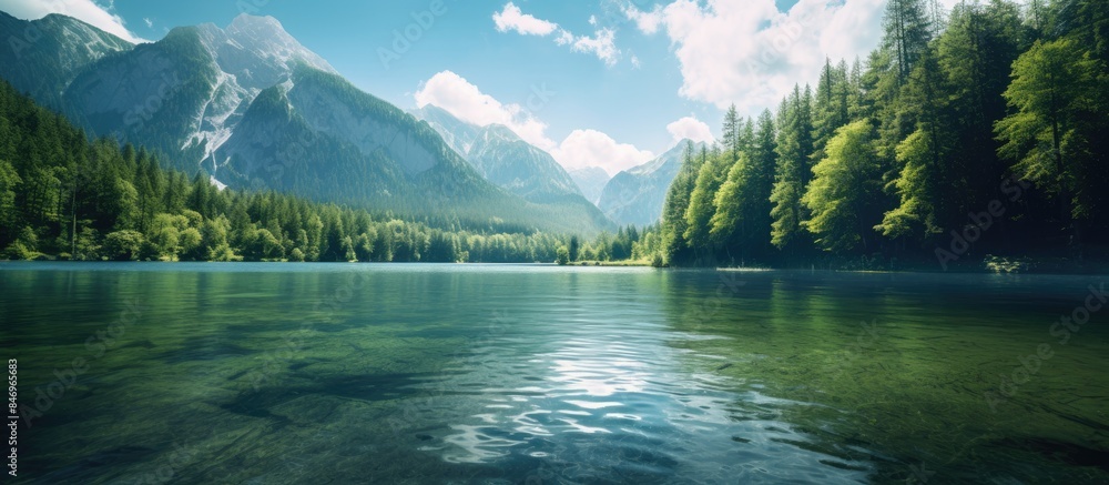 Poster Scenic view of a serene lake nestled among mountains, with a majestic mountain towering in the background. with copy space image. Place for adding text or design