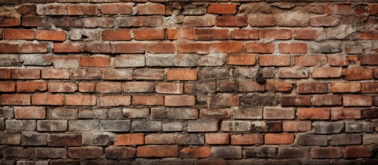 Fototapeta premium Weathered and aged brick wall showcasing vintage bricks and cement for a historical ambiance. with copy space image. Place for adding text or design