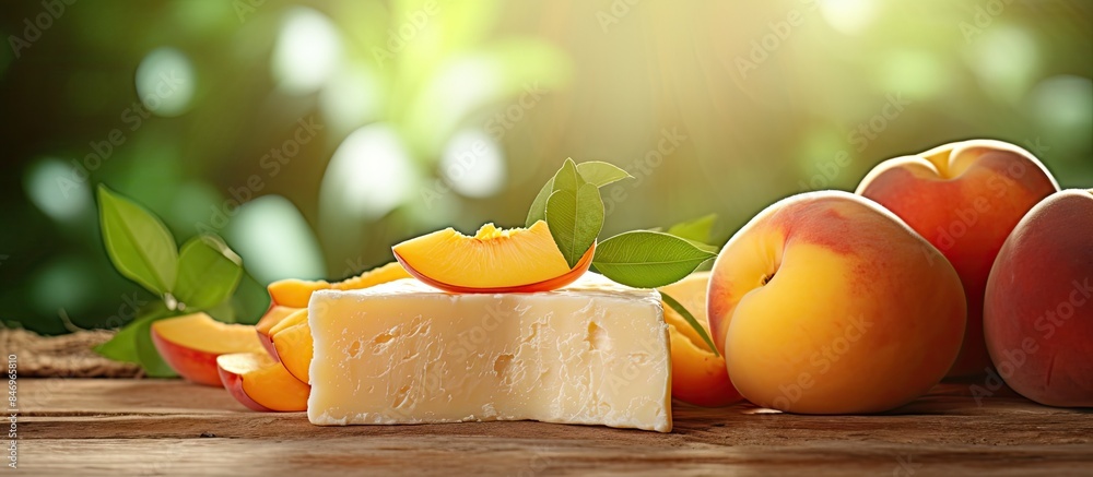 Aufkleber fresh peaches and cheese displayed on a wooden table against a bright background. with copy space im