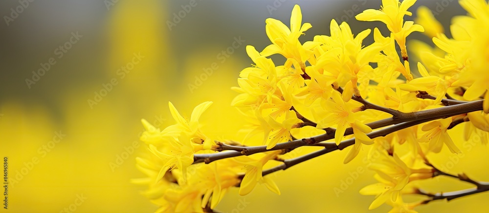 Poster forsythia, symbolizing strength, hope, and resilience, displays yellow blossoms on a branch in a lus