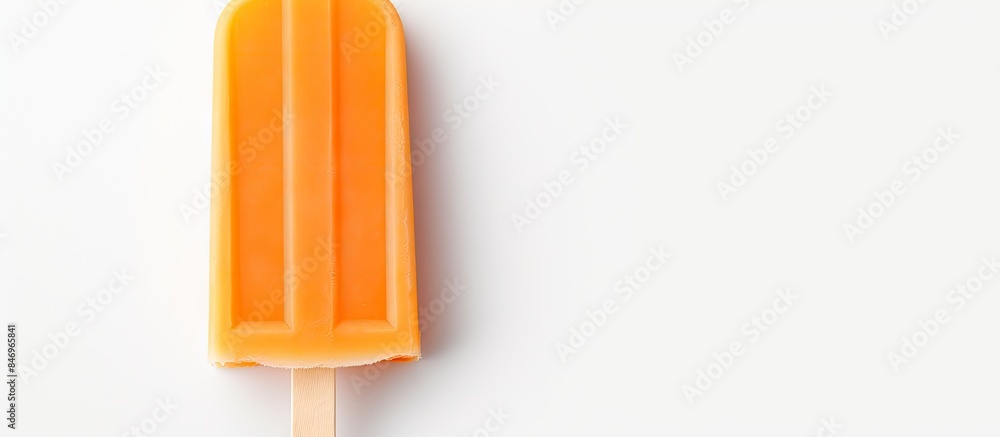 Fototapete orange popsicle with vibrant citrus flavor resting on a wooden stick against a clean white backgroun