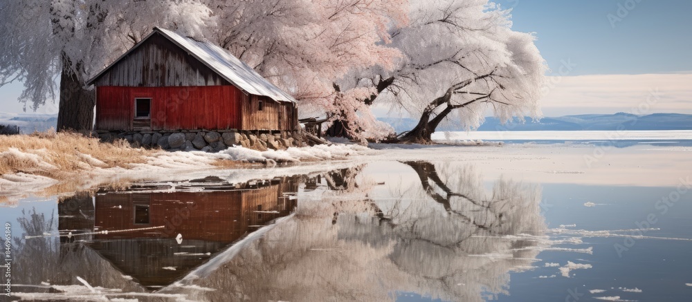 Poster A serene winter scene featuring a red cabin and tree reflected in a snowy lake, creating a peaceful and picturesque view. with copy space image. Place for adding text or design