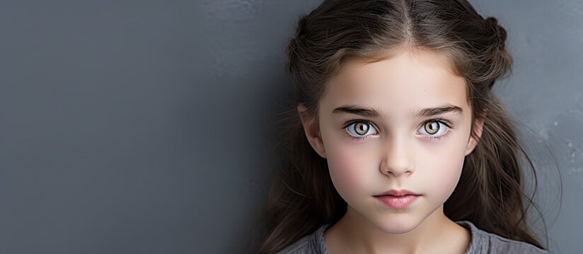 Young girl, brown fixed hair, thick dark eyebrows, naked shoulders, looking at camera on gray background. with copy space image. Place for adding text or design