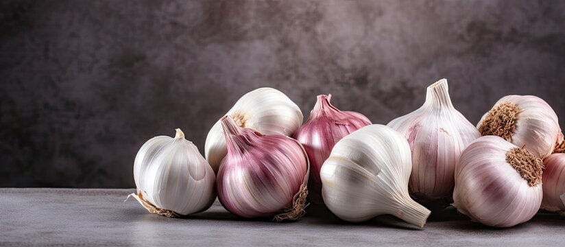 Fresh garlic bulb, aromatic food ingredient, in a cluster, placed on a wooden table. with copy space image. Place for adding text or design