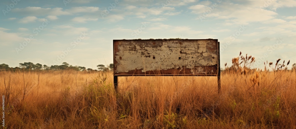 Poster an old, weathered sign is seen in a field of lush, tall grass under a clear blue sky. with copy spac