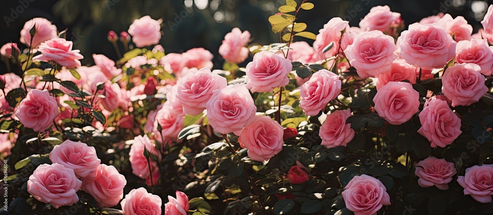 Leinwandbilder Pink roses in full bloom together create a beautiful display in the garden. with copy space image. Place for adding text or design