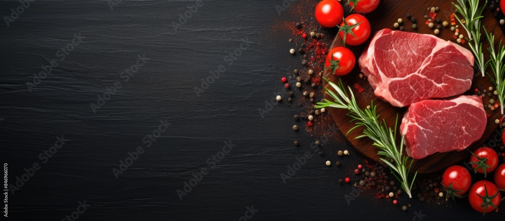 Fototapete Raw pork steak placed on a wooden cutting board alongside fresh tomatoes and aromatic herbs. with copy space image. Place for adding text or design