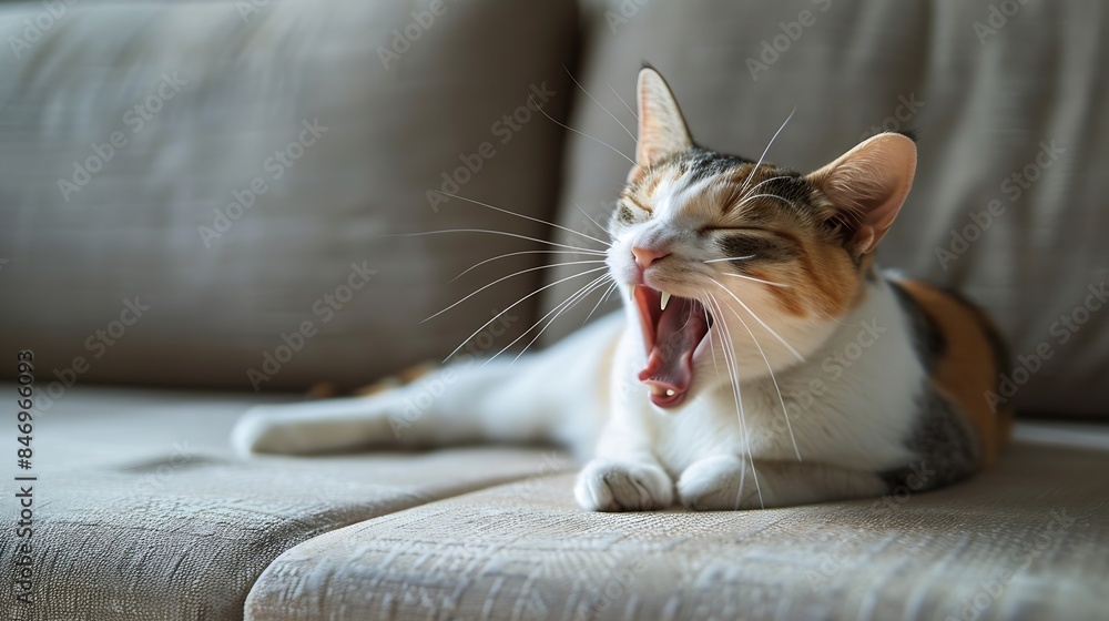 Poster brown and white cat yawning on a sofa close up : generative ai
