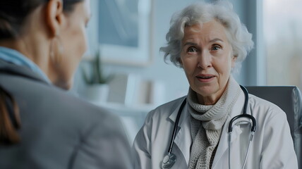 Fototapeta premium Elderly female doctor with stethoscope attentively listens to patient