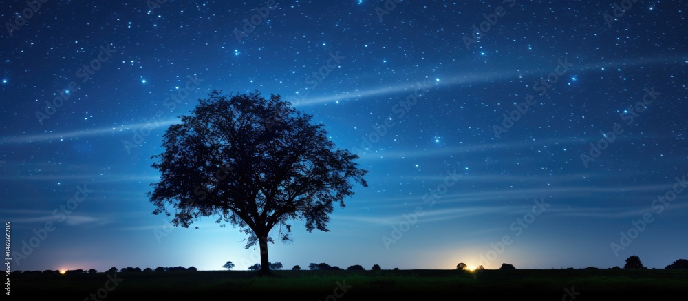 Aufkleber A solitary tree standing in a vast field under a beautifully starry night sky. with copy space image. Place for adding text or design