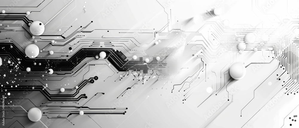 Poster hightech design with thin black lines forming a circuit pattern on a white background