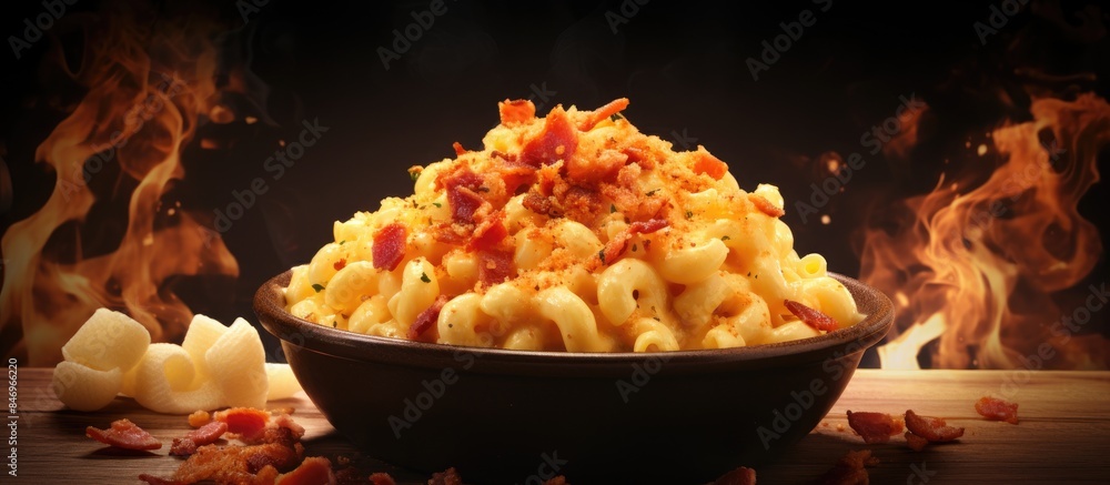 Aufkleber Delicious macaroni coated in rich cheese sauce and garnished with crispy bacon pieces. with copy space image. Place for adding text or design