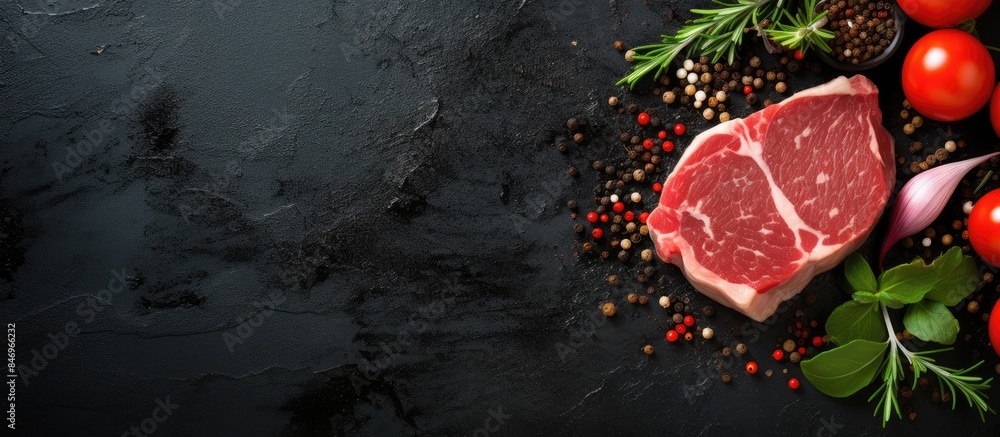 Leinwandbilder beef steak seasoned with spices, served with fresh tomatoes on a black background. with copy space i