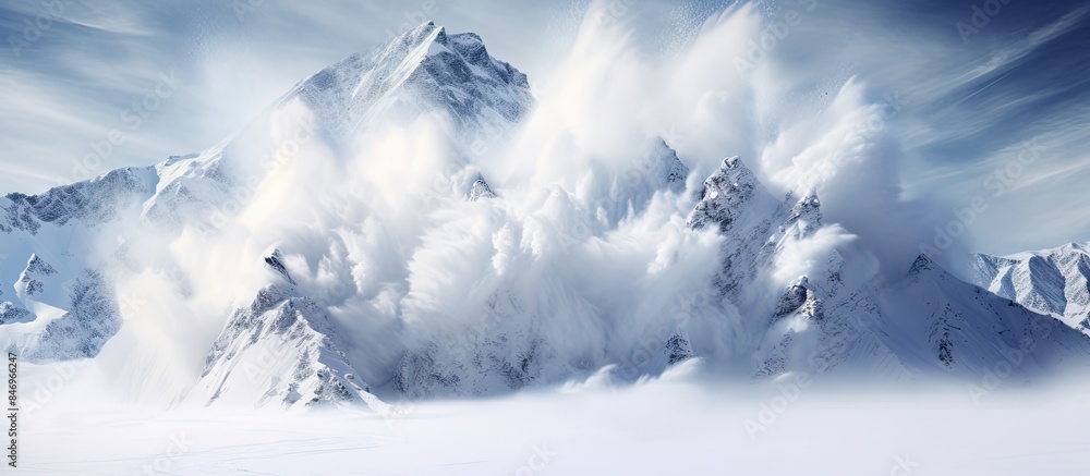 Poster Skiers enjoy the thrill of skiing down a snowy mountain surrounded by a massive amount of falling snow. with copy space image. Place for adding text or design