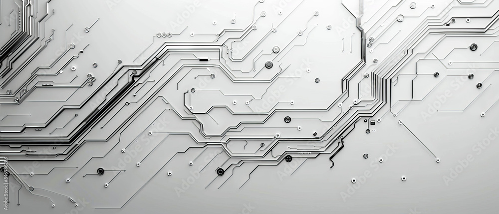 Poster hightech design with thin black lines forming a circuit pattern on a white background