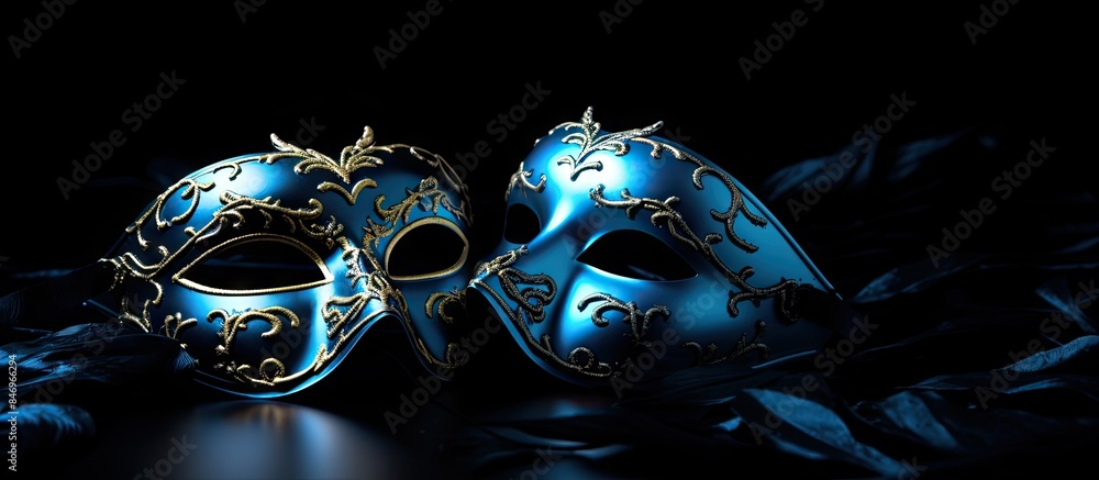 Aufkleber Two vibrant blue masks placed against a stark black background, creating a striking contrast. with copy space image. Place for adding text or design