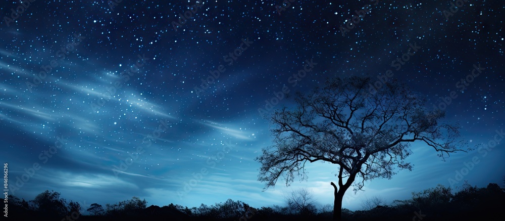 Poster Solitary tree standing in open field under a sky filled with shining stars. with copy space image. Place for adding text or design