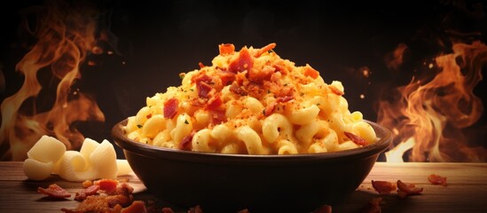 Delicious macaroni coated in rich cheese sauce and garnished with crispy bacon pieces. with copy space image. Place for adding text or design