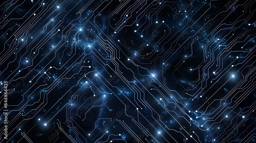 Poster hightech design with thin white lines forming a circuit pattern on a deep navy background