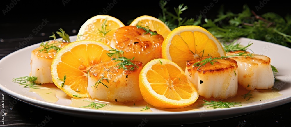 Poster seared scallops with a golden crust served on a plate garnished with fresh lemon slices. with copy s