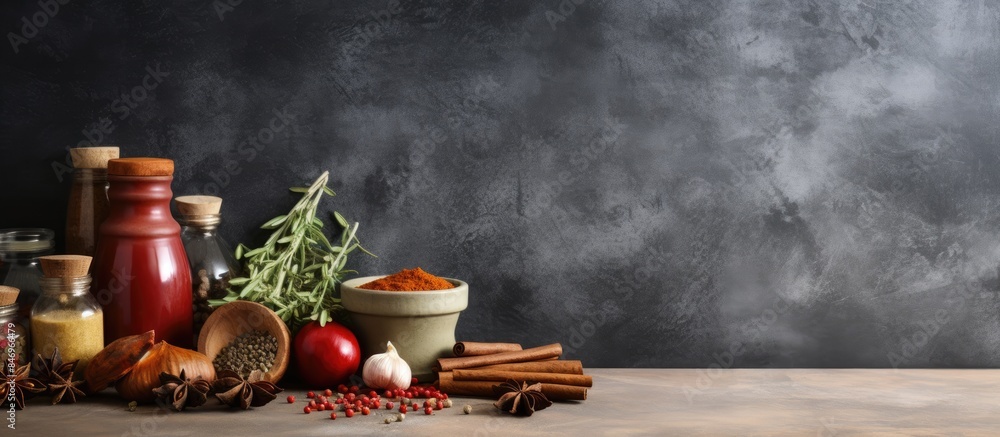 Aufkleber Assorted spices and herbs displayed on a table with a dark background in a kitchen setting. with copy space image. Place for adding text or design
