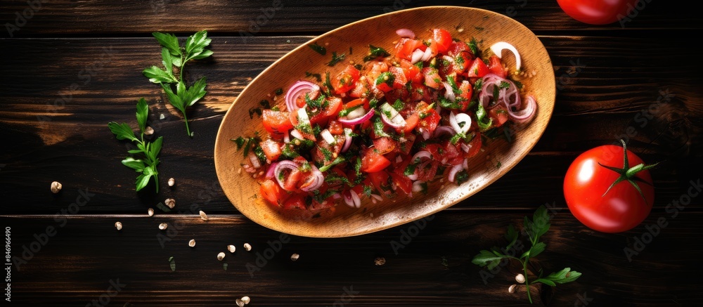 Aufkleber Fresh tomatoes and onions arranged on a wooden plate resting on a table. with copy space image. Place for adding text or design