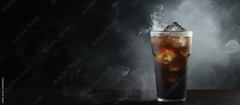 Poster Chilled drink condensing in misted glass with ice, emitting steam. with copy space image. Place for adding text or design