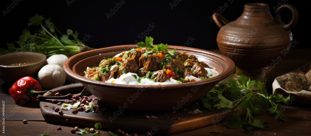 Poster close-up view of a bowl of tagine meat with herbs and yogurt, placed on a table among other dishes. 