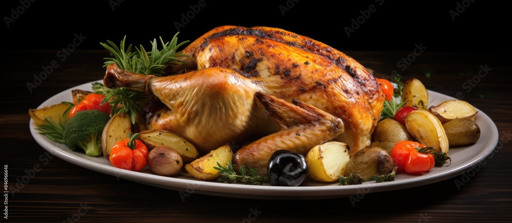 Leinwandbilder whole roasted chicken served on a plate with accompanying potatoes and tomatoes. with copy space ima