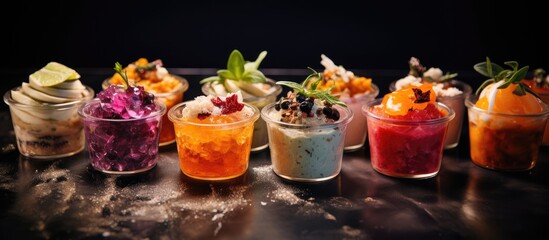 Array of various desserts lined up closely, showcasing a selection of sweet treats. with copy space image. Place for adding text or design