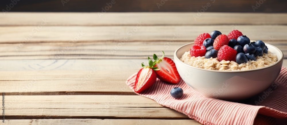 Poster oatmeal served in a bowl topped with a variety of fresh berries placed on a napkin. with copy space 