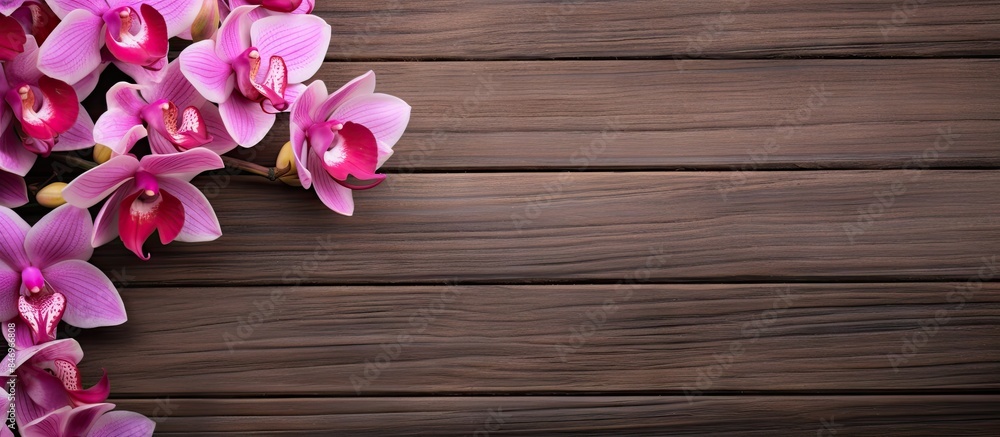 Fototapete single orchid bloom delicately resting on textured wooden surface. with copy space image. place for 