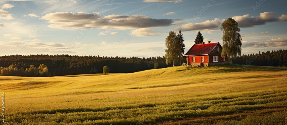 Leinwandbilder old charming swedish house surrounded by lush grass on a picturesque meadow. with copy space image. 