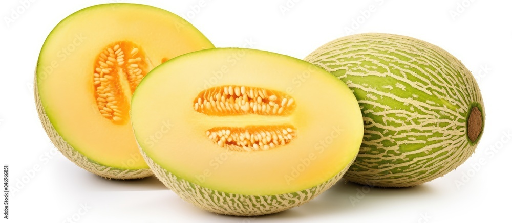 Poster fresh melon fruit arranged includes two pieces and one half, isolated on a white background. with co