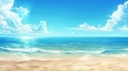 Obraz premium Sand of a heavenly beach and calm sea under the blue sky and the heat of the sun, summer vacation mood banner, tranquil and peaceful background, holidays in paradise