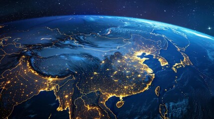 Satellite view of Earth globe from space, city lights by night, East Asia China map