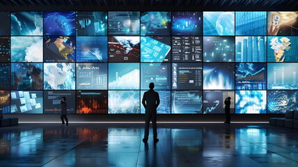Man analyzing multiple screens displaying various images