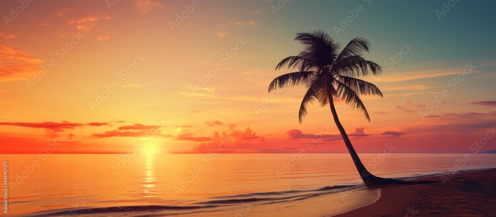 Aufkleber Palm tree standing alone on sandy beach with the sunset sky in the background. with copy space image. Place for adding text or design
