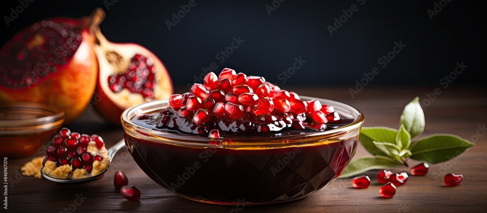 Poster a small bowl of pomegranate molasses, a sweet and sour syrup, accompanied by fresh pomegranate fruit