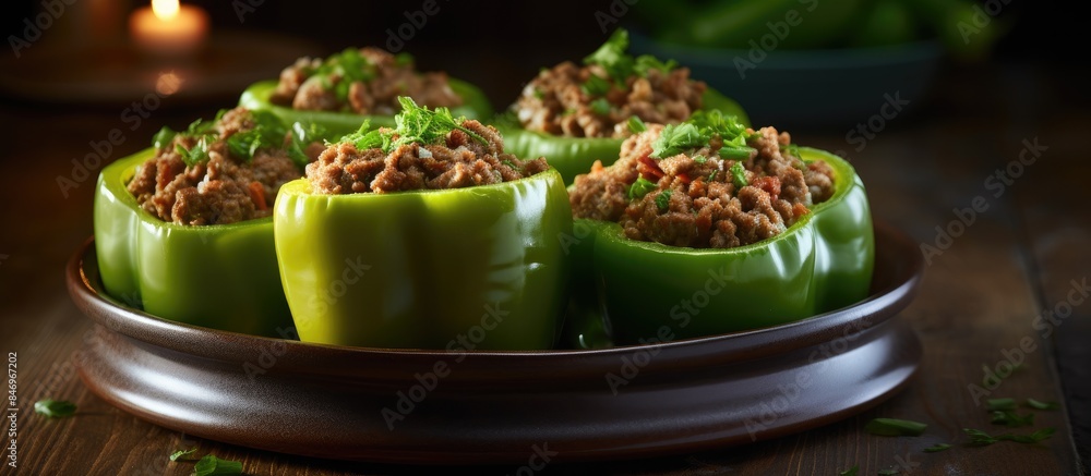 Poster bowl containing green bell peppers filled with a mixture of meat and herbs, ready to be cooked. with